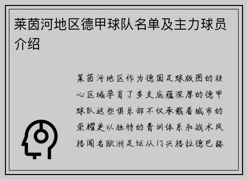 莱茵河地区德甲球队名单及主力球员介绍